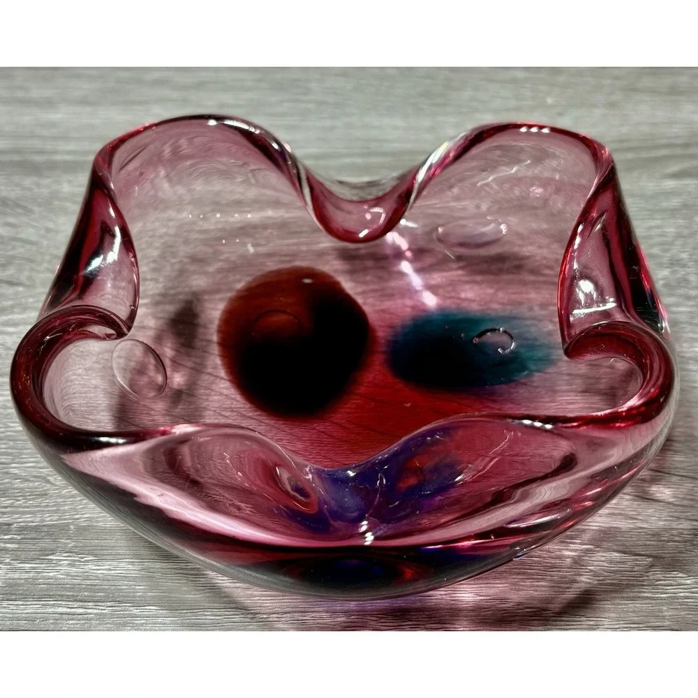 Vintage Mid Century Modern Italian Hand-Blown Cranberry Art Glass Ashtray / Bowl